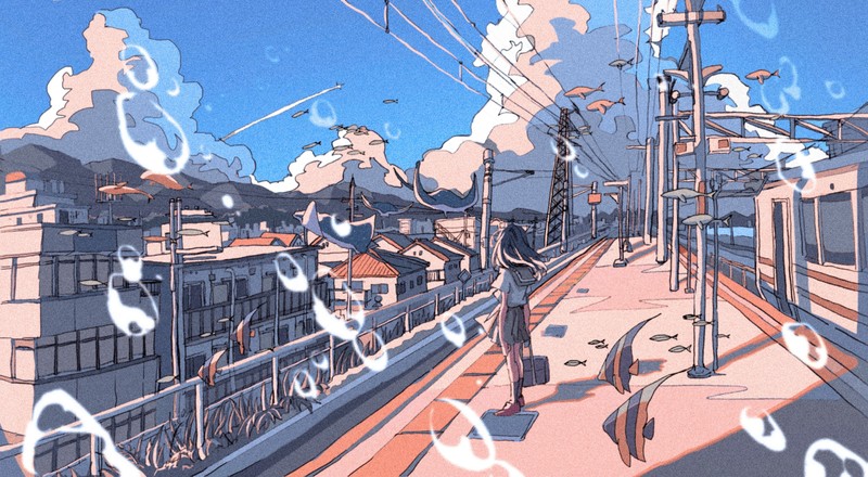 anime, anime girls, landscape, train station, sky, clouds, school uniform, bubble