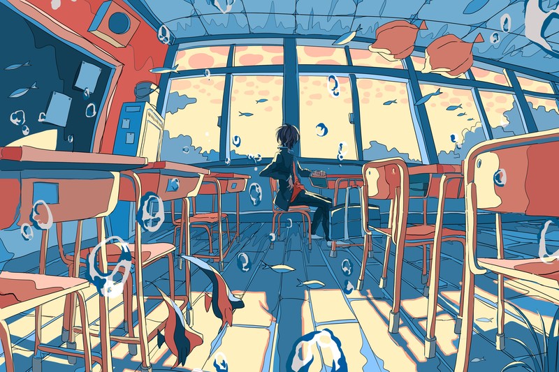 anime, anime boys, classroom, sky, clouds, landscape