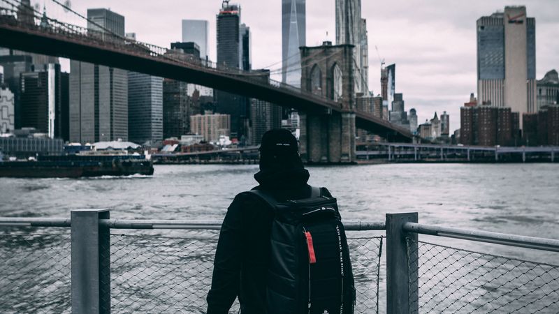 man, backpack, cap, bridge, 4k