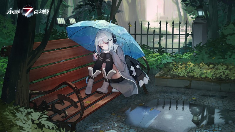 Forever 7th Capital, anime, anime girls, umbrella, rain, bench, outdoors