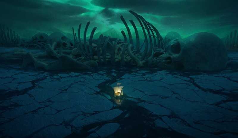 skull, Skull Face, ship, ice, night, artwork