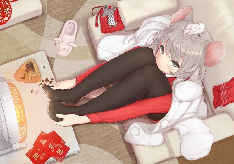 anime, anime girls, digital art, artwork, 2D, portrait, mice, feet, legs, indoors, mouse girls, animal ears, top view