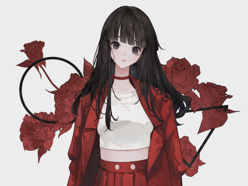 anime, anime girls, black hair, red, frontal view