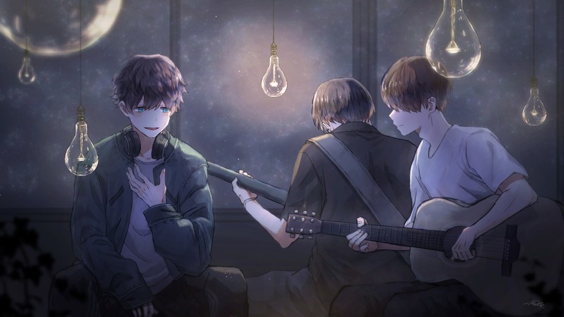 anime, anime boys, headphones, guitar
