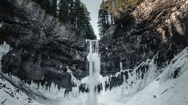 waterfall, ice, snow, cliff, trees, 4k