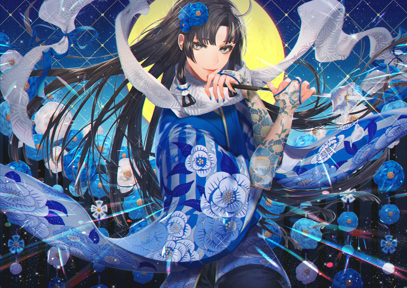 anime, anime girls, black hair, blue, knife