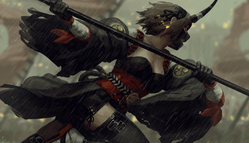original characters, anime girls, 2D, GUWEIZ, Z.W. Gu, digital art, samurai, female warrior, horns, thighs, short hair, Japanese clothes, oni mask, armor, cleavage, black stockings, rain, brunette, blue eyes, anime, thick thigh, no bra