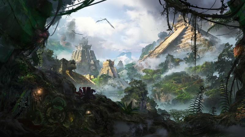temple, jungle, artwork, fantasy art
