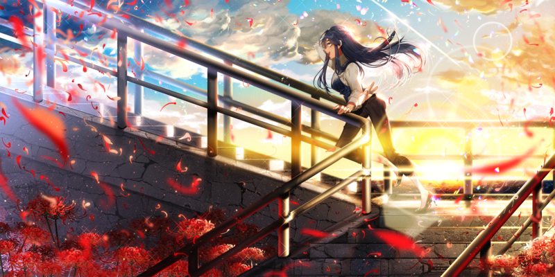 anime, anime girls, stairs, sunset