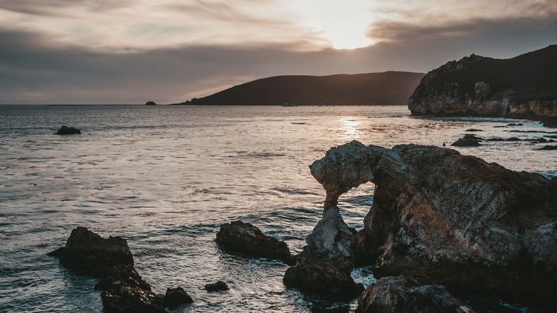 rocks, sea, sunset, sky, horizon, 4k