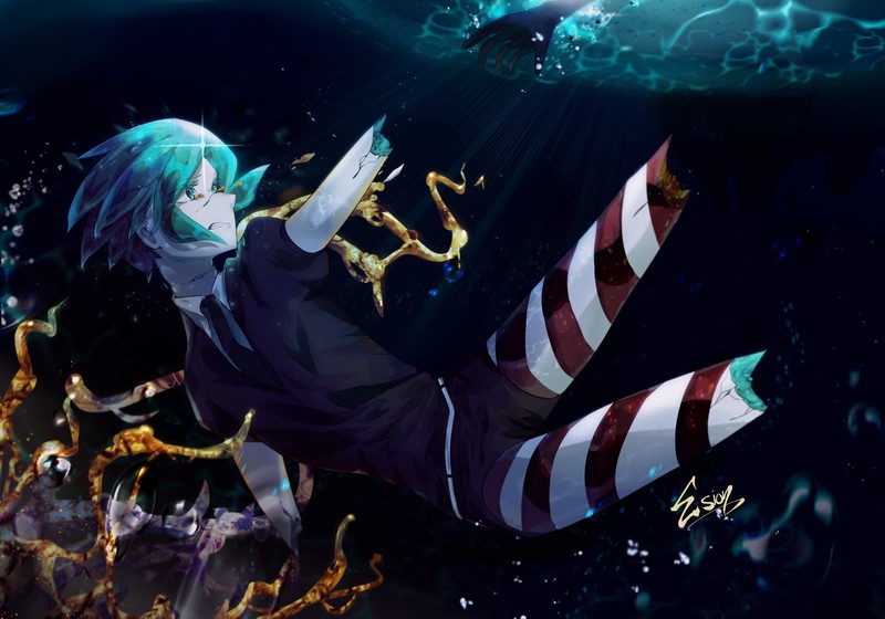anime, Houseki no Kuni, Phos (Houseki no Kuni), aqua hair, tie, gold, broken, gems
