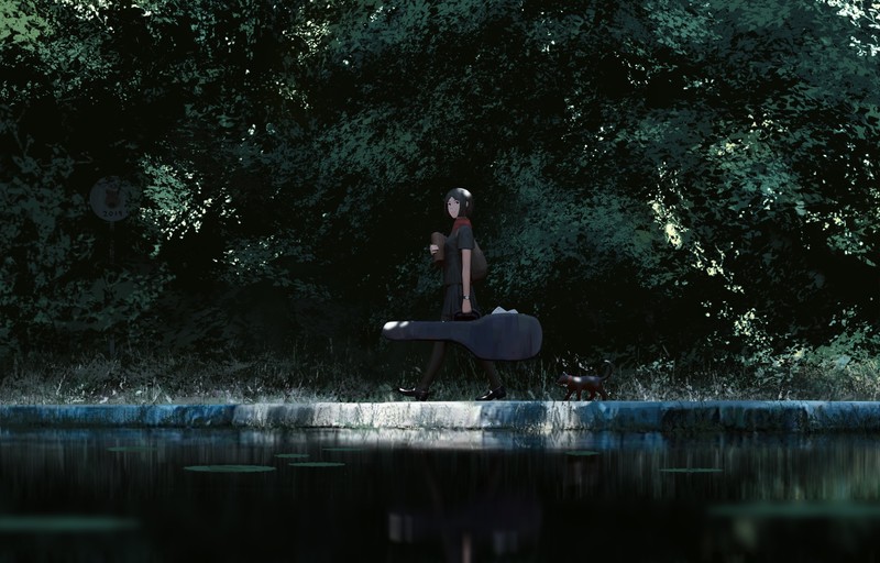 original characters, anime girls, 2D, GUWEIZ, Z.W. Gu, digital art, school uniform, short hair, Japanese clothes, black hair, guitar, river, nature, black eyes, anime, cats