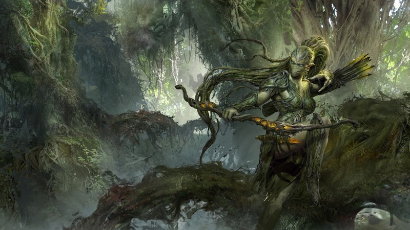 jungle, artwork, archer, fantasy art, bow
