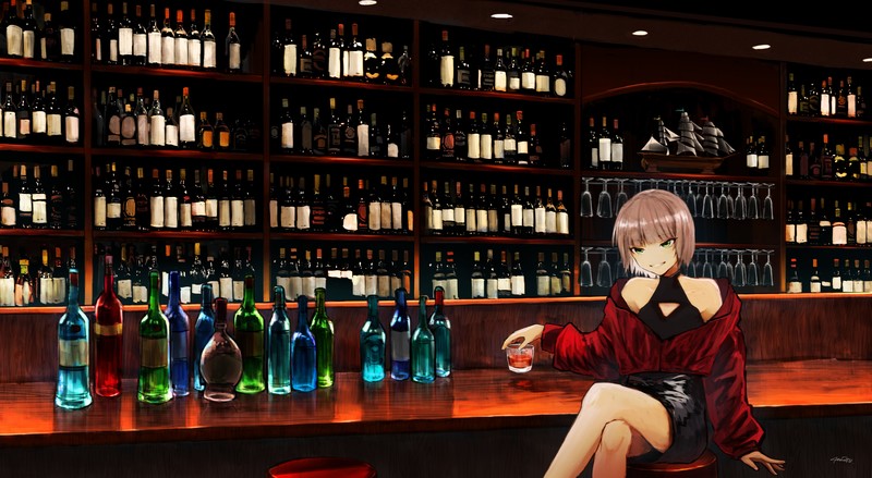 anime, anime girls, bar, drink