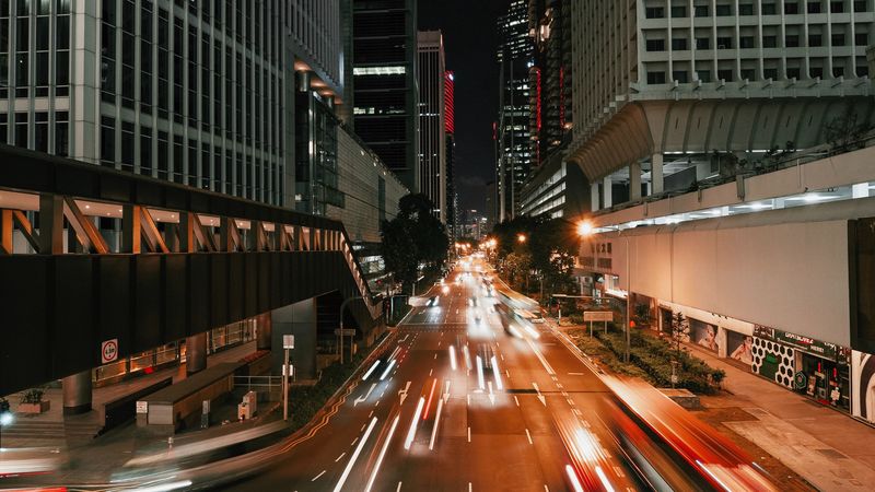 night city, long exposure, street, architecture, buildings, movement, 4k