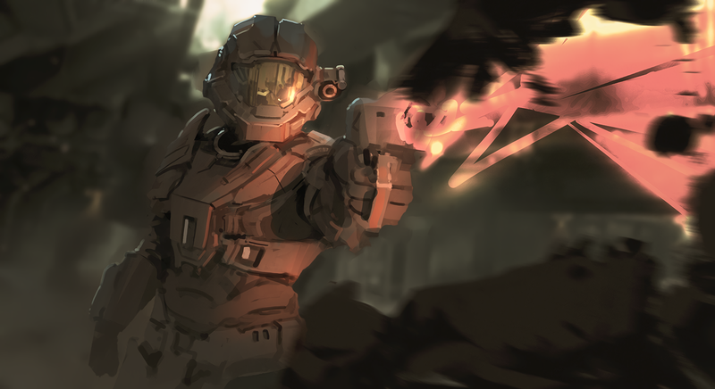 video game art, artwork, video games, digital art, Master Chief, Halo, science fiction, futuristic, futuristic armor, gun, shooting, Atey Ghailan