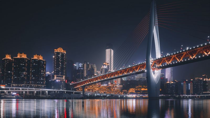 bridge, architecture, night city, backlight, chongqing, china, 4k
