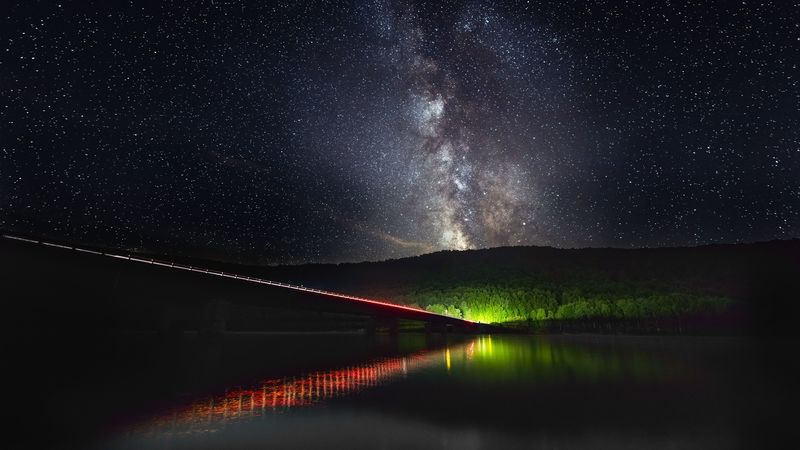 milky way, starry sky, stars, bridge, backlight, 4k