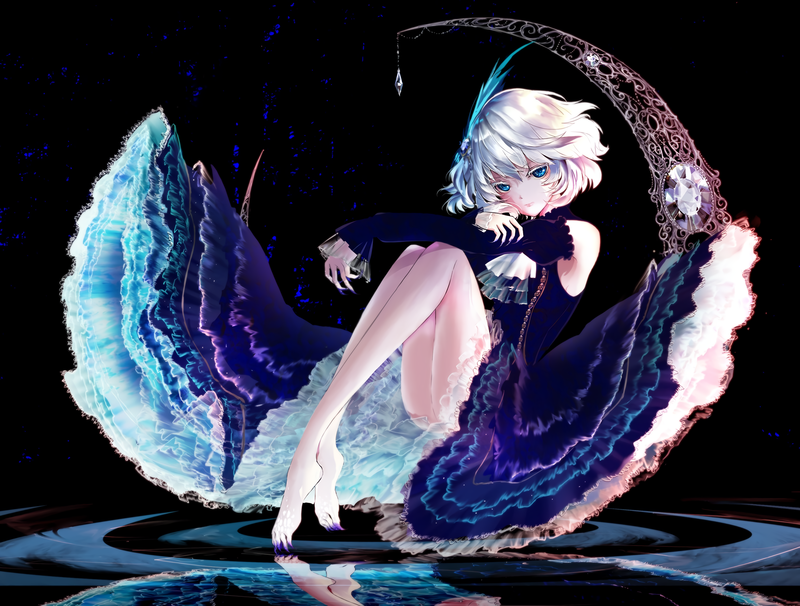 barefoot, blue eyes, dress, gray hair, short hair, water, anime girls, legs, fantasy girl, anime