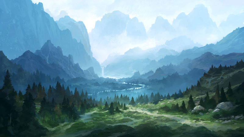 forest, wood, mountains, river, digital art, artwork
