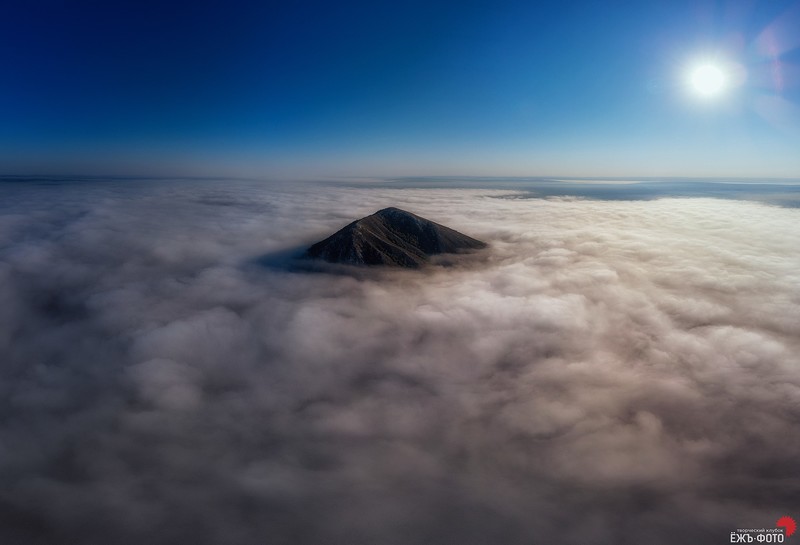 nature, landscape, mountains, clouds, Sun, clear sky, mist, volcano, aerial view