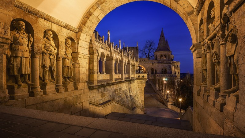architecture, castle, medieval, Budapest, Hungary, sculpture, statue, evening, arch, tower, stairs, cross