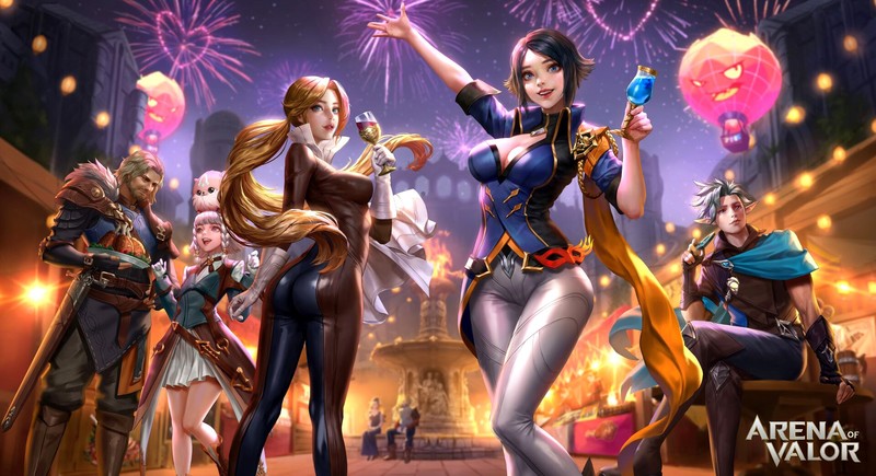 Jungmin Jin, drawing, women, men, group of people, night, city, fireworks, smiling, blonde, long hair, ponytail, wind, dark hair, short hair, blue eyes, bodysuit, glass, wine, elves, warrior, weapon, food, roasted chicken, city lights, animals, Arena of Valor
