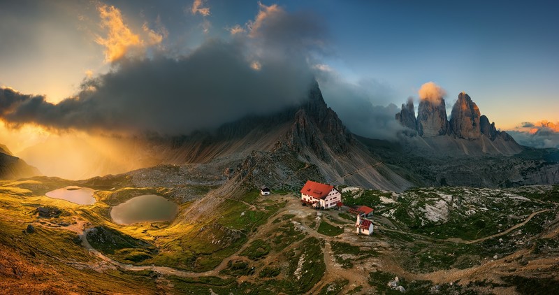 nature, landscape, mountains, valley, Krzysztof Browko, lake, Tre Cime di Lavaredo, rock, Dolomites (mountains), Italy, house, clouds, sunset, cabin