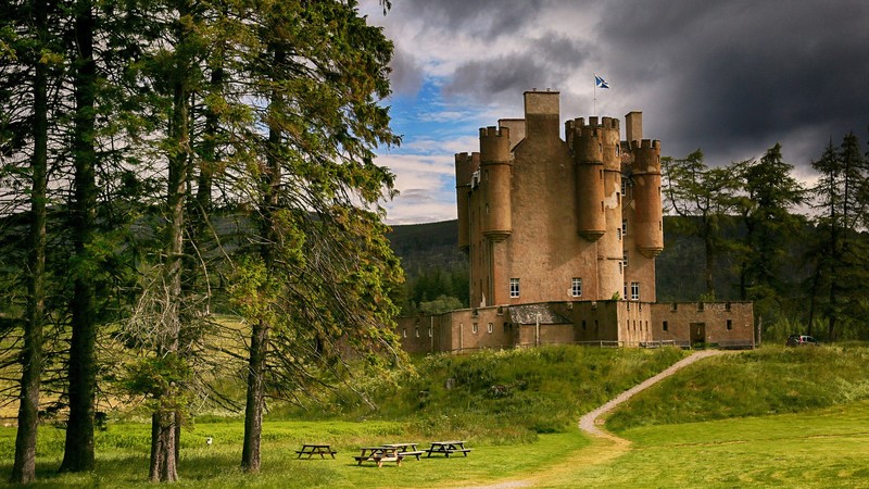 architecture, castle, medieval, Scotland, tower, field, grass, trees, clouds, bench