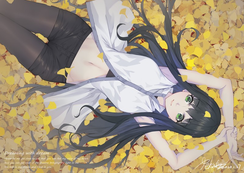 belly, long hair, black hair, green eyes, top view, frontal view