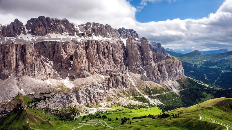 nature, landscape, sky, clouds, trees, forest, road, hairpin turns, rocks, snowy mountain, aerial view, drone photo, Dolomites (mountains), Italy
