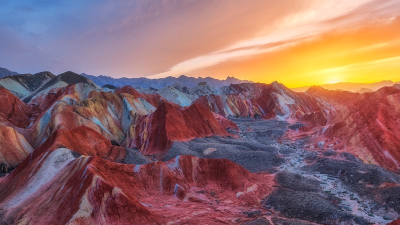 nature, landscape, hills, rocks, clouds, sky, Sun, dawn, sunset, China