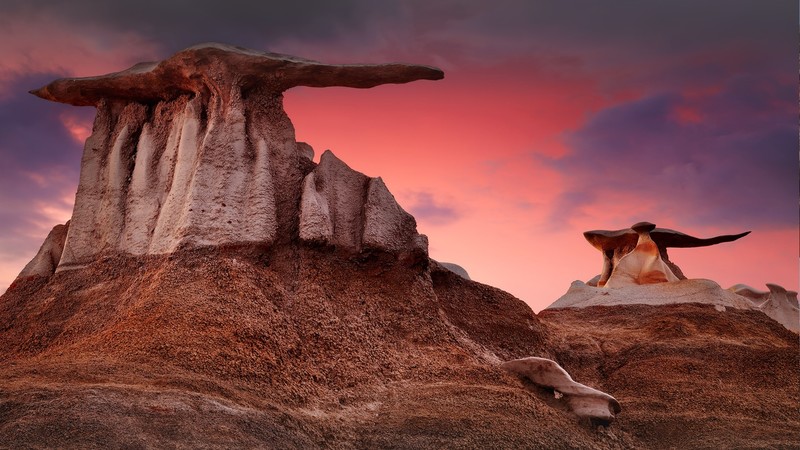 nature, landscape, clouds, mud, sky, sunset, New Mexico, USA, rock formation, rocks