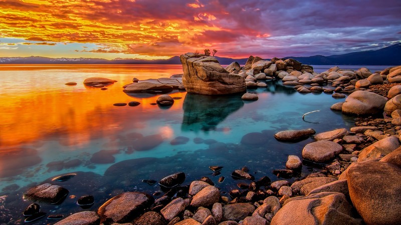 nature, landscape, rocks, lake, water ripples, clouds, sky, mountains, plants, dusk, snowy mountain, Lake Tahoe, Nevada, USA