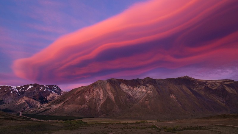 nature, landscape, clouds, mountains, plants, snowy peak, road, sky, pink, Argentina