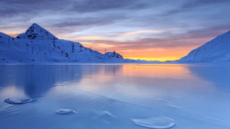 nature, landscape, power lines, snow, mountains, frozen lake, sunset, clouds, sky, railway, snowy mountain, Alps, Swiss Alps, Switzerland