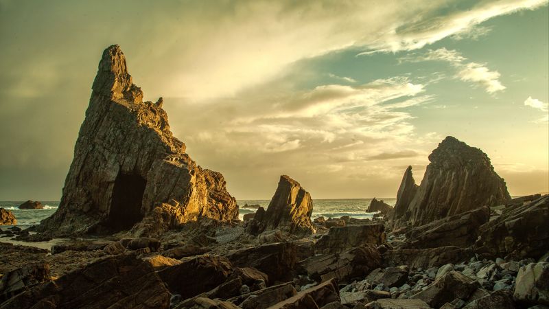 beach, rocks, stones, coast, sky, 4k