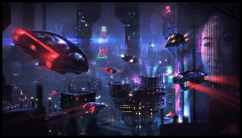cyberpunk, science fiction, flying car, night, city, rain, cityscape, neon glow, futuristic, red, face