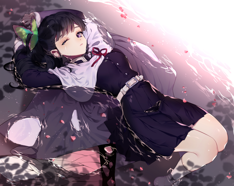 Kimetsu no Yaiba, anime girls, thighs, small boobs, 2D, looking at viewer, wet clothing, crying, Japanese clothes, long hair, black hair, Kanao Tsuyuri, ponytail, purple eyes, butterfly, fan art
