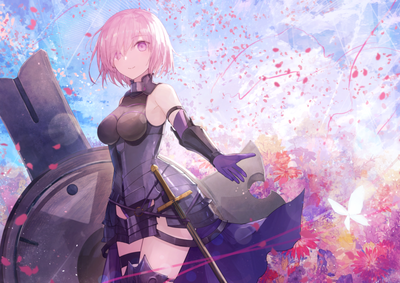 Fate Series, FGO, Fate/Grand Order, anime girls, thighs, big boobs, 2D, smiling, looking at viewer, short hair, pink hair, Mash Kyrielight, Shielder (Fate/Grand Order), armor, purple eyes, fan art, women with swords