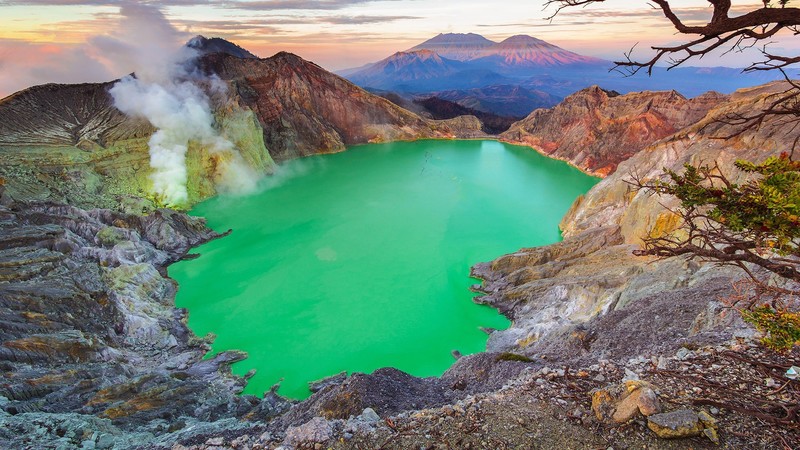 nature, landscape, mountains, lake, trees, smoke, clouds, sky, rocks, sunset, Indonesia, Mount Ijen, volcano, green