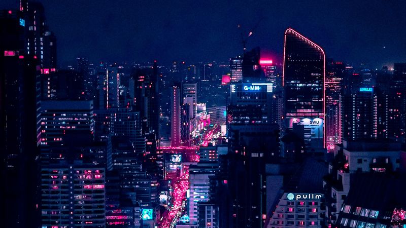 night city, city lights, aerial view, buildings, architecture, night, 4k