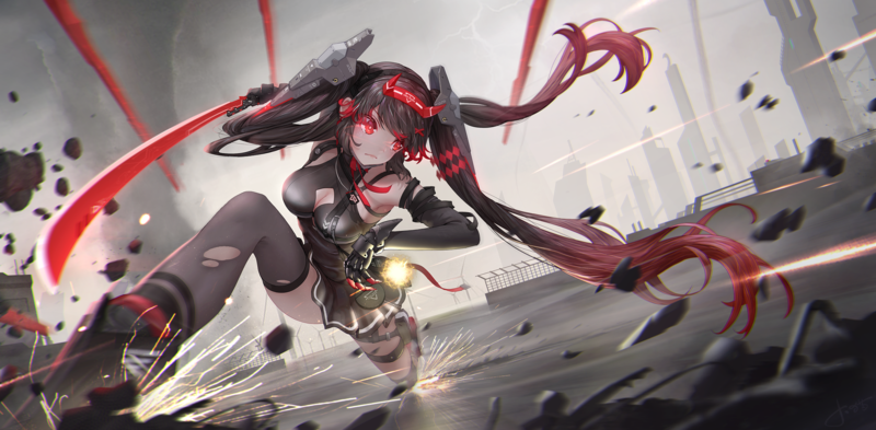 anime, anime girls, digital art, artwork, 2D, video game girls, mecha girls, dark hair, red eyes, mechamusume