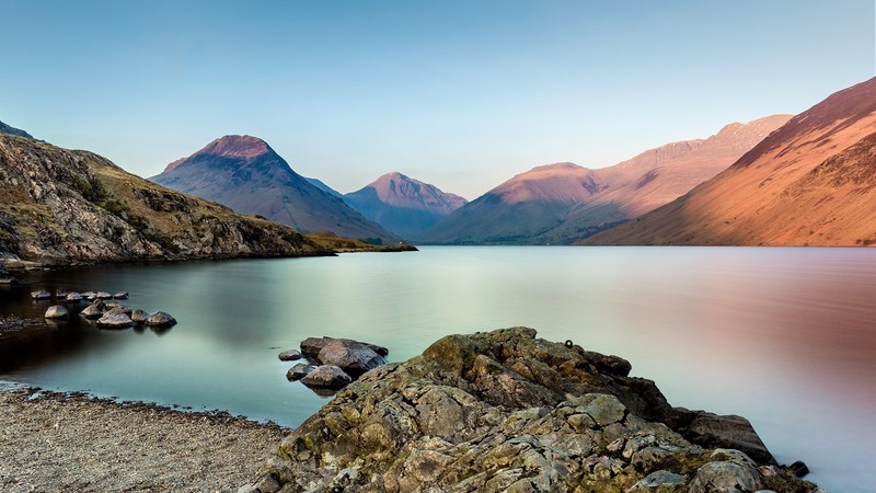 nature, landscape, clear sky, mountains, lake, rocks, sunlight, water, sunset, sky, long exposure, Lake District, England, UK