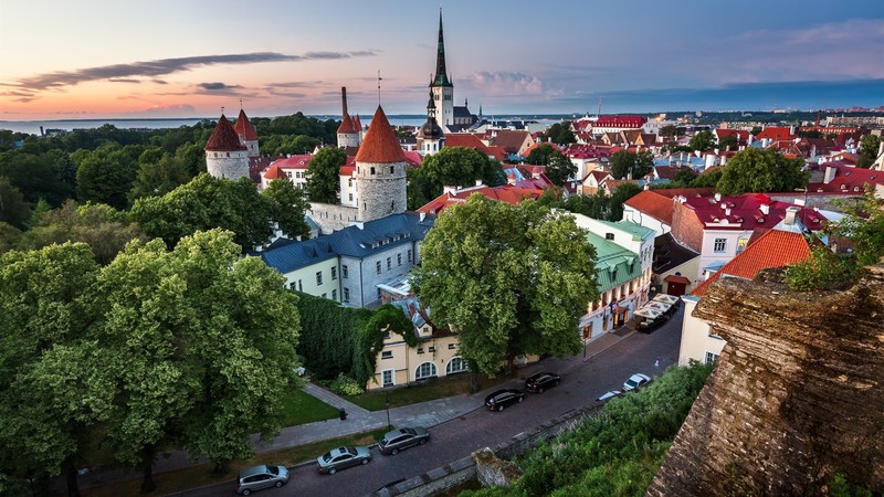 Estonia, Tallin, building, car, street, city, trees, sky, sunset, landscape, nature, clouds, photography, vibrant