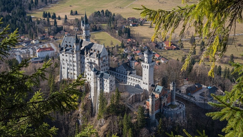 Germany, Bavaria, Neuschwanstein Castle, castle, building, house, forest, trees, landscape, nature, grass, daylight, aerial view, people, car, street, tower, gates