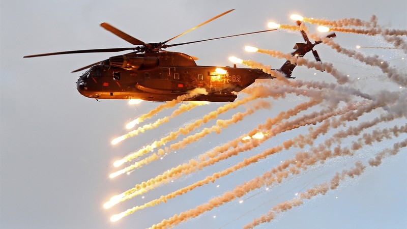 helicopter, aircraft, sky, flares, smoke