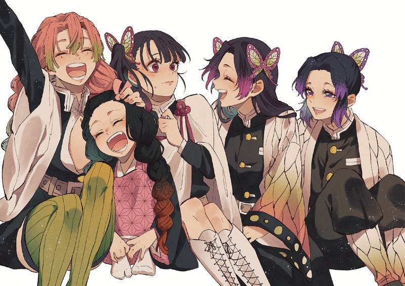anime, anime girls, Kimetsu no Yaiba, Mitsuri Kanroji, Kochou Shinobu, Kochou Kanae, Kamado Nezuko, white background, Kanao Tsuyuri, 2D, simple background, laughing, small boobs, Japanese clothes, blushing, black hair, pink hair, long hair, multi-colored hair, fan art, thighs