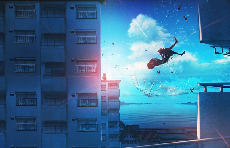 anime, sky, umbrella, sun rays, anime girls, falling, cyan