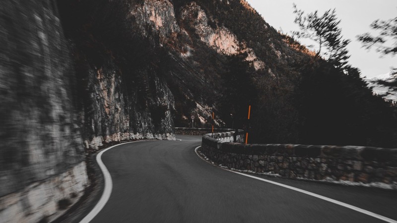landscape, nature, road, curved, mountains, gray